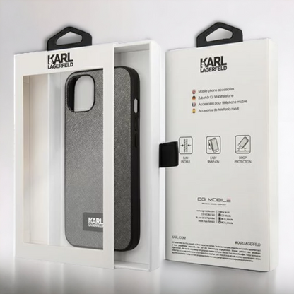 Ovitek Karl Lagerfeld "Saffiano Plaque - silver" za iPhone 13/14/15 (KLHCP13MSFMP2DG)