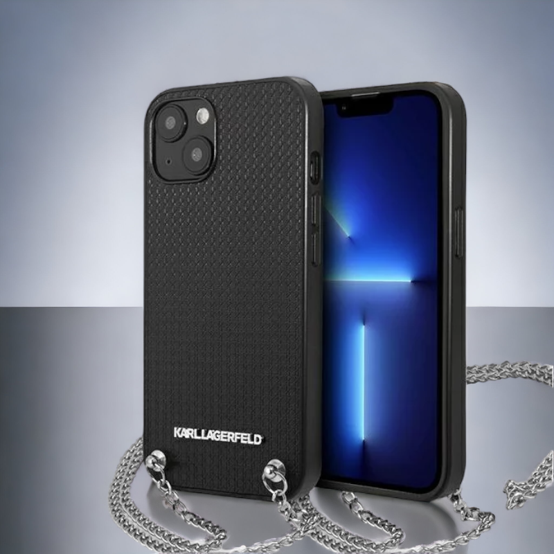 Ovitek Karl Lagerfeld "Leather Textured - Chain" za iPhone 13/14/15 (KLHCP13MPMK) – Črna / PC + TPU silikon + Ekološko u