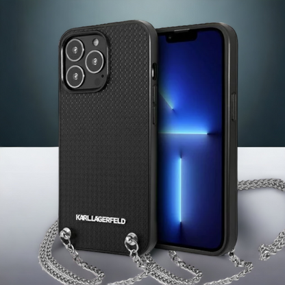 Ovitek Karl Lagerfeld "Leather Textured - Chain" za iPhone 13 Pro (KLHCP13LPMK) – Črna / PC + TPU silikon + Ekološko usn