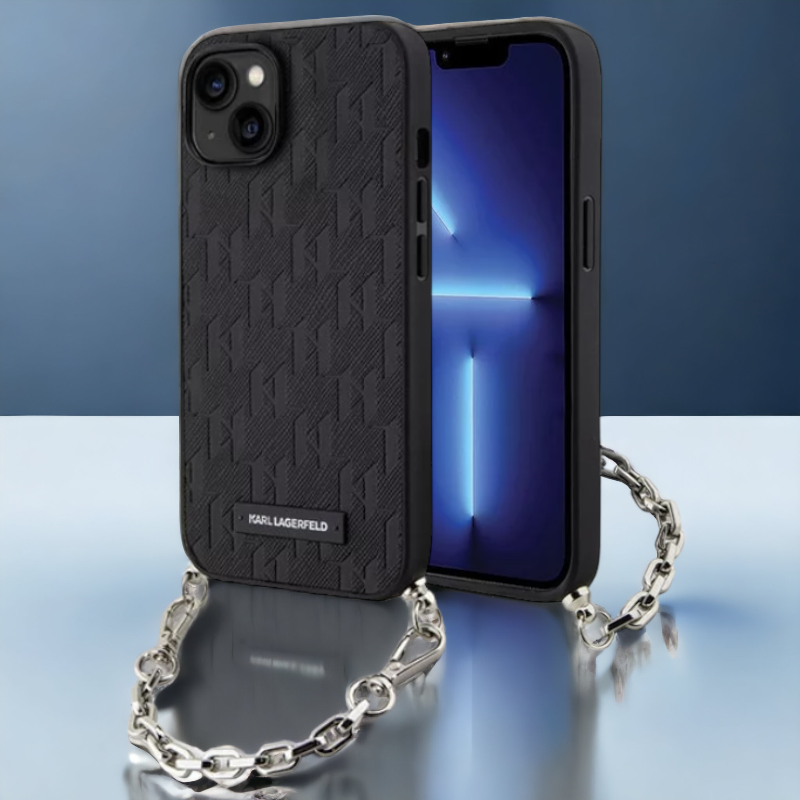 Ovitek Karl Lagerfeld "Saffiano Monogram Chain" za iPhone 14 (KLHCP14SSACKLHPK) – Črna / PC + TPU silikon