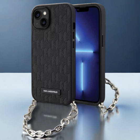 Ovitek Karl Lagerfeld "Saffiano Monogram Chain" za iPhone 14 (KLHCP14SSACKLHPK) – Črna / PC + TPU silikon