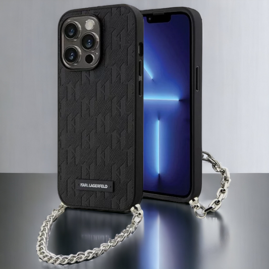 Ovitek Karl Lagerfeld "Saffiano Monogram Chain" za iPhone 14 Pro Max (KLHCP14XSACKLHPK) – Črna / PC + TPU silikon