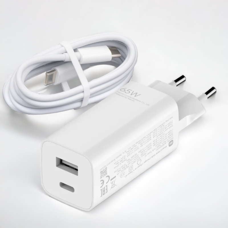 Komplet hišni polnilec "GaN Duo" in kabel za hitro polnjenje znamke Xiaomi - 65W – Bela