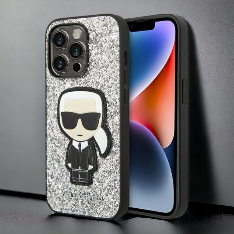 Ovitek Karl Lagerfeld "Iconic Karl - silver glitter flakes" za iPhone 14 Pro Max (KLHCP14XGFKPG) – Srebrna / PC + TPU si