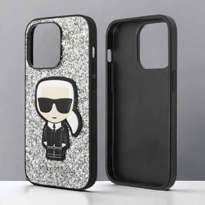 Ovitek Karl Lagerfeld "Iconic Karl - silver glitter flakes" za iPhone 13/14/15 (KLHCP14SGFKPG)
