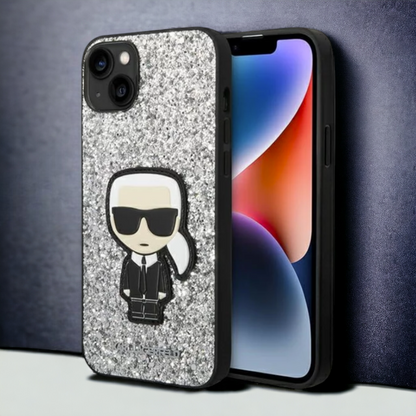Ovitek Karl Lagerfeld "Iconic Karl - silver glitter flakes" za iPhone 13/14/15 (KLHCP14SGFKPG) – Srebrna / PC + TPU sili