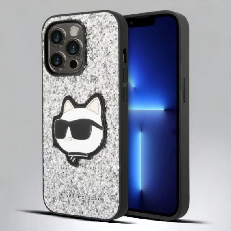 Ovitek Karl Lagerfeld "Glitter Choupette - silver" za iPhone 14 Pro (KLHCP14LG2CPS) – Srebrna / PC + TPU silikon