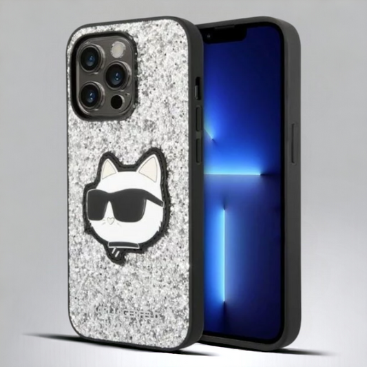 Ovitek Karl Lagerfeld "Glitter Choupette - silver" za iPhone 14 Pro (KLHCP14LG2CPS) – Srebrna / PC + TPU silikon