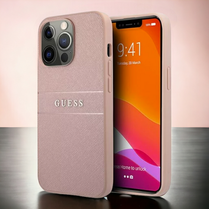Ovitek Guess "silver pink" za iPhone 13 Pro Max/12 Pro Max (GUHCP13XPSASBPI) – Svetlo roza / PC + TPU silikon + Ekološko