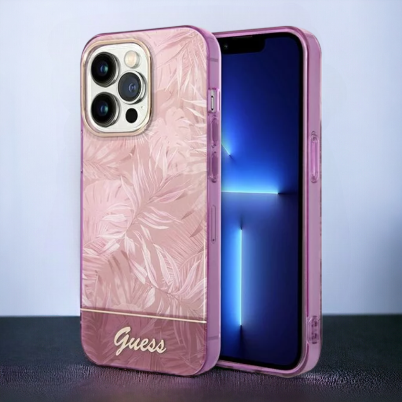 Ovitek Guess "Jungle pink" za iPhone 14 Pro (GUHCP14LHGJGHP) – Roza / PC + TPU silikon