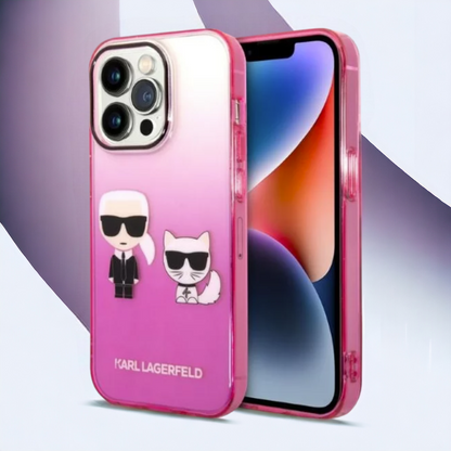 Ovitek Karl Lagerfeld "Karl & Choupette - pink gradient" za iPhone 14 Pro Max (KLHCP14XTGKCP) – Roza / PC + TPU silikon
