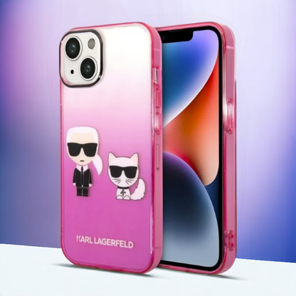 Ovitek Karl Lagerfeld "Karl & Choupette - pink gradient" za iPhone 14 (KLHCP14STGKCP) – Roza / PC + TPU silikon