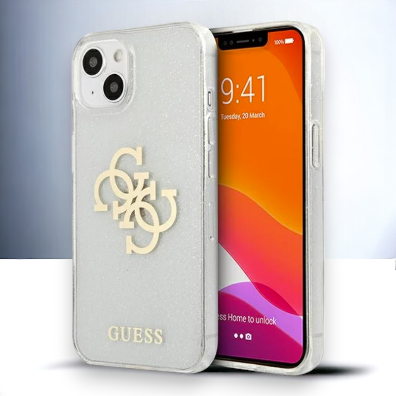 Ovitek Guess "Big 4G Full Glitter" za iPhone 13/14/15 - prozorna (GUHCP14SPCUGL4GTR) – Prozorna / PC + TPU silikon
