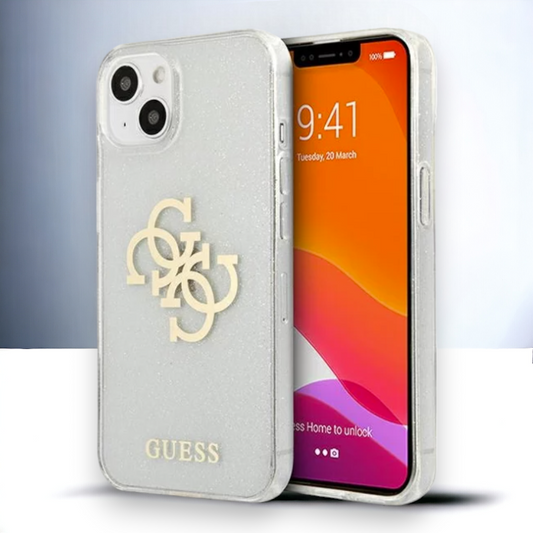 Ovitek Guess "Big 4G Full Glitter" za iPhone 13/14/15 - prozorna (GUHCP14SPCUGL4GTR) – Prozorna / PC + TPU silikon