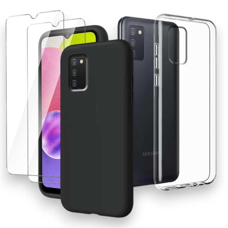 Komplet 2x silikonski ovitek + 2x zaščitno steklo za Samsung Galaxy A03s – Infostyle – Črna / TPU silikon