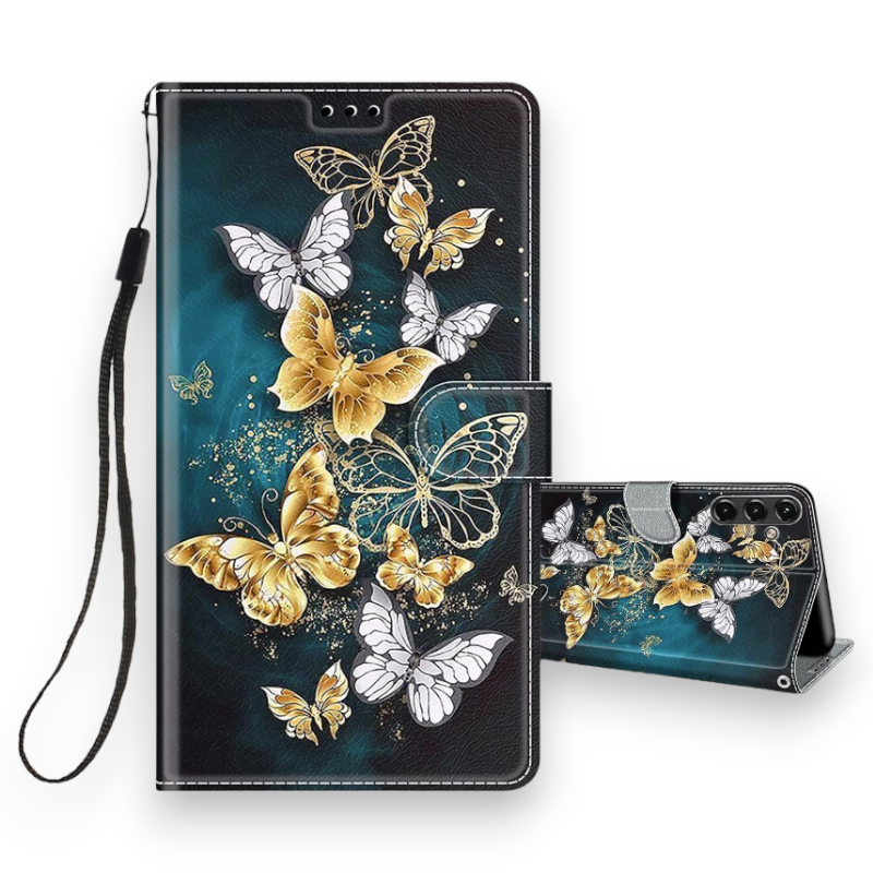 Preklopna torbica "Butterfly" za Samsung Galaxy A14 – Infostyle – Temno modra / Umetno usnje + TPU silikon