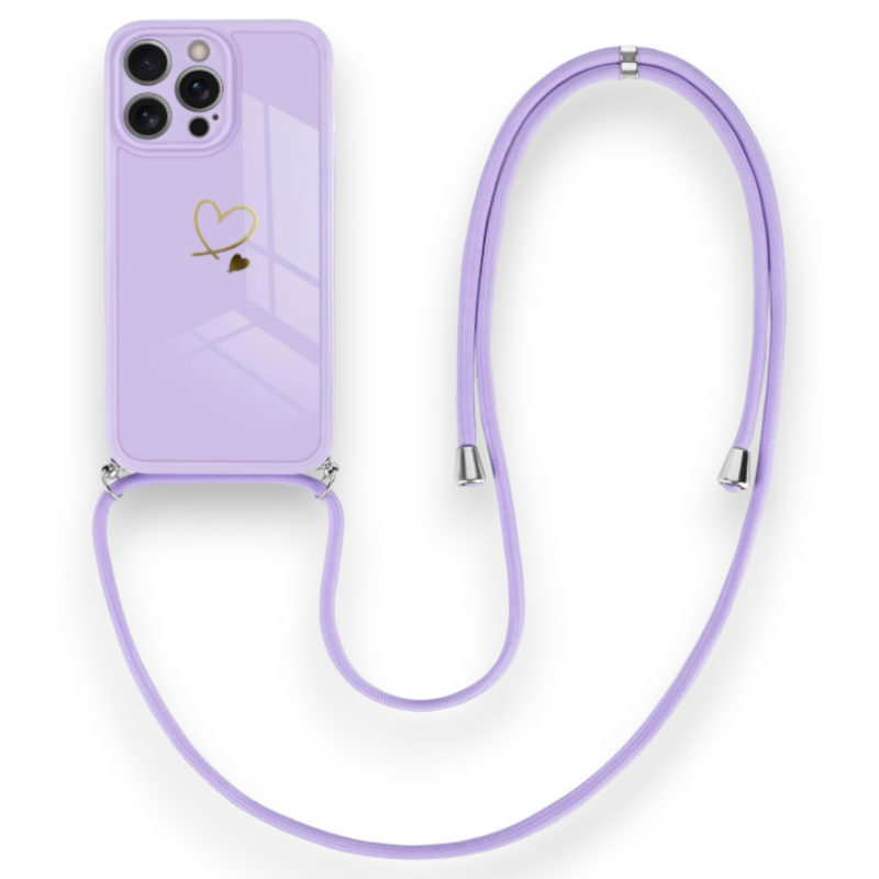 Silikonski ovitek z vrvico "Golden Heart" za iPhone 15 Pro Max – Infostyle – Pastelno vijolična / TPU silikon