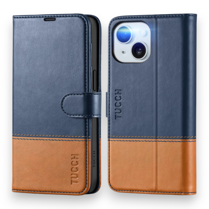 Preklopna torbica "Tucch Double" za iPhone 15 – Temno modra / Umetno usnje + TPU silikon