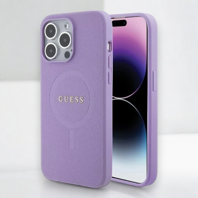 Ovitek Guess "Saffiano MagSafe " za iPhone 15 Pro (GUHMP15LPSAHMCU) – Vijolična / PC + TPU silikon + Ekološko usnje