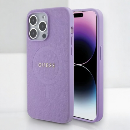 Ovitek Guess "Saffiano MagSafe " za iPhone 15 Pro (GUHMP15LPSAHMCU) – Vijolična / PC + TPU silikon + Ekološko usnje