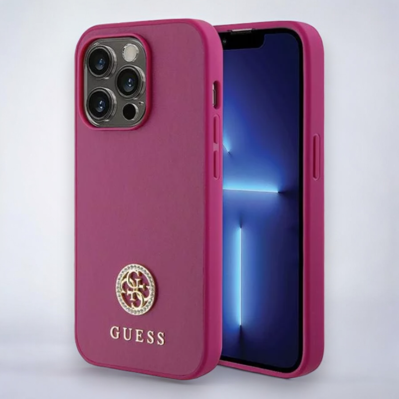 Ovitek Guess "Strass Metal Logo" za iPhone 15 Pro Max (GUHCP15XPS4DGPP) – Roza / PC + TPU silikon