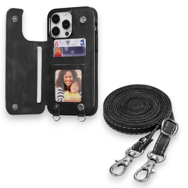 Ovitek "Wallet" z vrvico za iPhone 14 Pro Max – Infostyle – Črna / Umetno usnje + TPU silikon