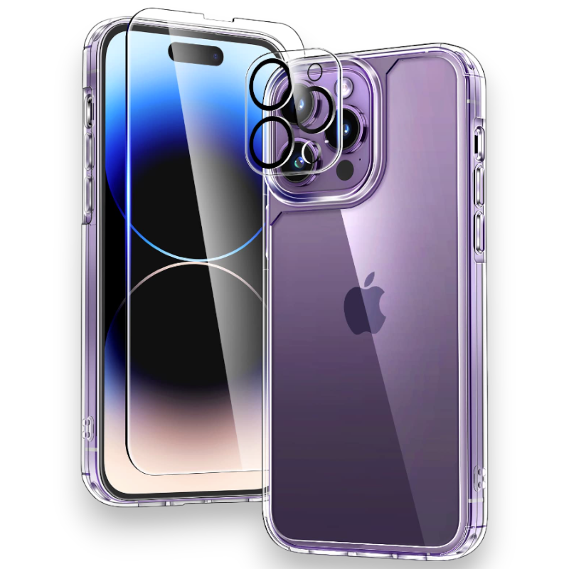 Komplet ovitek "Tauri Classic" + zaščitno steklo + zaščita za kamero za iPhone 14 Pro – PC + TPU silikon / Prozorna