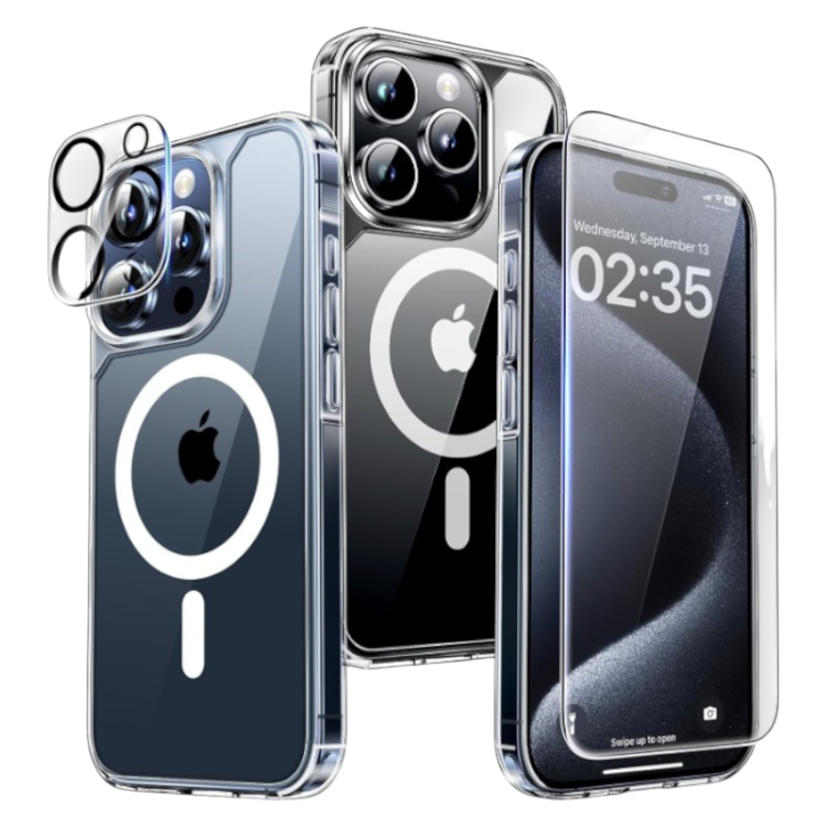 Komplet ovitek "Tauri MagSafe" + zaščitno steklo + zaščita za kamero za iPhone 15 Pro – PC + TPU silikon / Prozorna