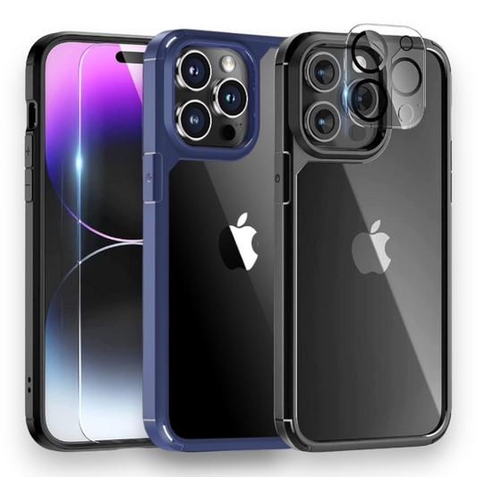 Komplet ovitek "Tauri Shockproof " + zaščitno steklo + zaščita za kamero za iPhone 15 Pro Max – Črna / PC + TPU silikon