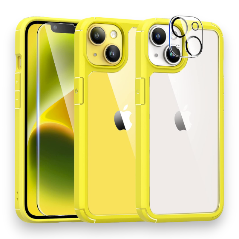 Komplet ovitek "Tauri Shockproof" + zaščitno steklo + zaščita za kamero za iPhone 14 – Rumena / PC + TPU silikon