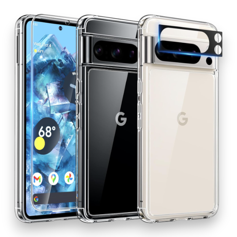 Komplet ovitek "Tauri Classic" + zaščitno steklo + zaščita za kamero za Google Pixel 8 Pro – PC + TPU silikon / Prozorna