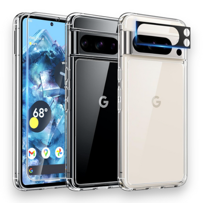 Komplet ovitek "Tauri Classic" + zaščitno steklo + zaščita za kamero za Google Pixel 8 Pro – PC + TPU silikon / Prozorna