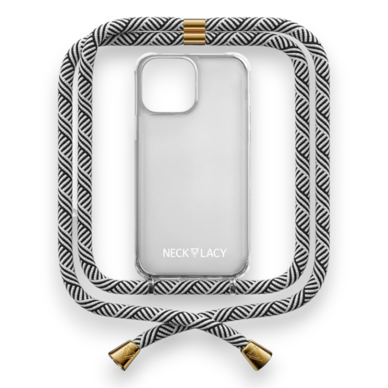 Ovitek z vrvico "NECKLACY premium chain" + zaščita za kamero za iPhone 14 Pro Max – Črna / PC + TPU silikon