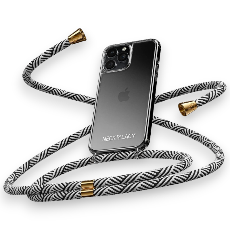 Ovitek z vrvico "NECKLACY premium chain" + zaščita za kamero za iPhone 14 Pro Max – Bela / PC + TPU silikon