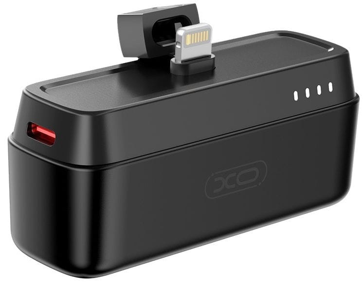 Mini prijenosni punjač XO PR244 s Lightningom, 5000 mAh, 20W – crni