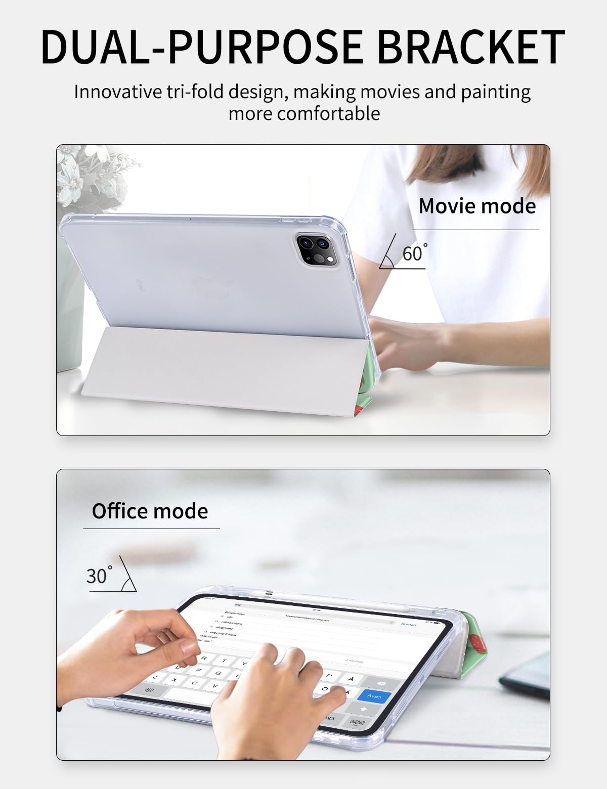 Ovitek za iPad Pro 11 (2022/2021/2020/2018) – Prozoren Zaščitni Ovitek z Zložljivim Stojalom, Jagodni Vzorec