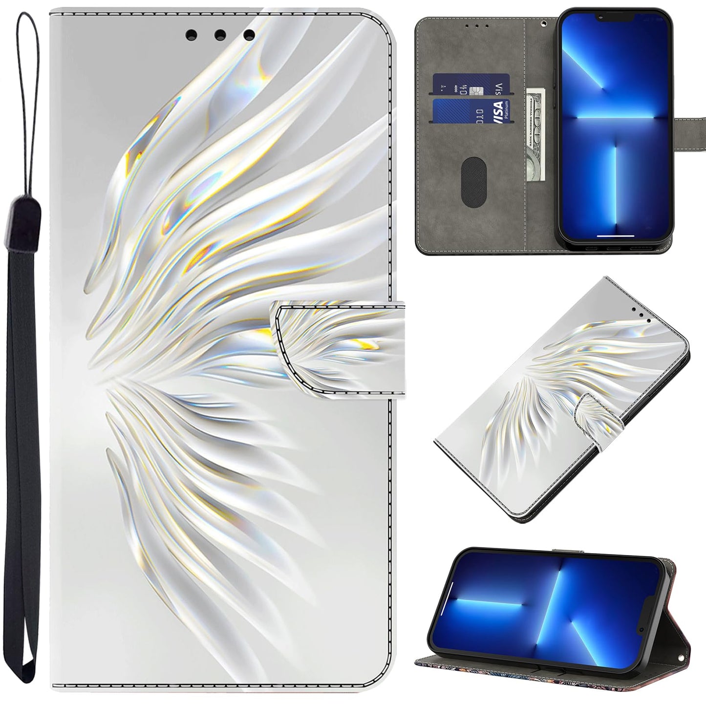 Preklopna maska Crystal Wings za Xiaomi Poco X6 Pro – novčanik, stalak, bijela