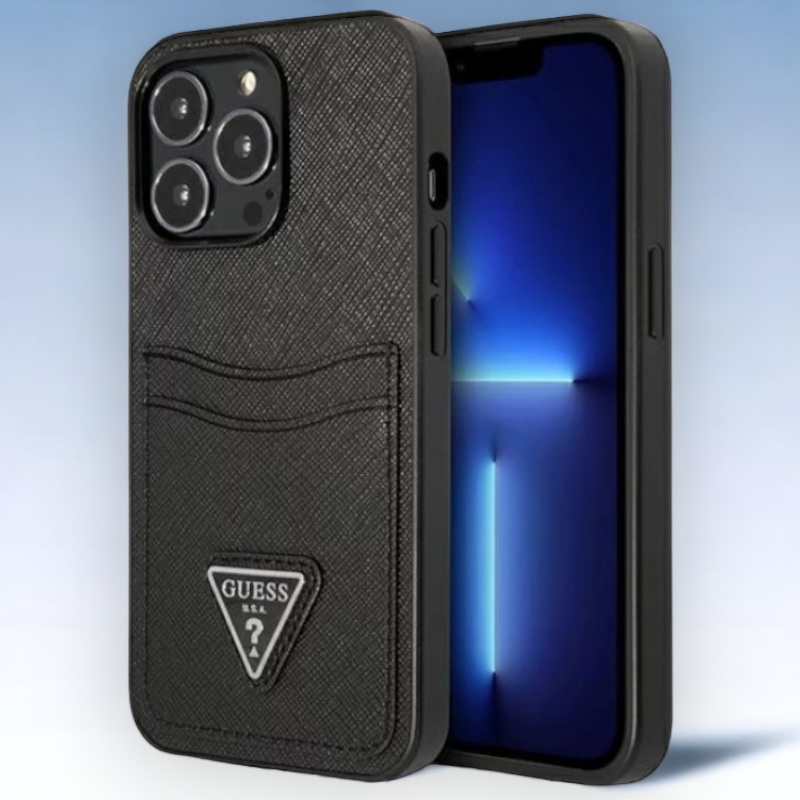 Ovitek Guess "Saffiano Triangle Logo" za iPhone 13 Pro Max/12 Pro Max - črna (GUHCP13XPSATPK) – Črna / PC + TPU silikon 