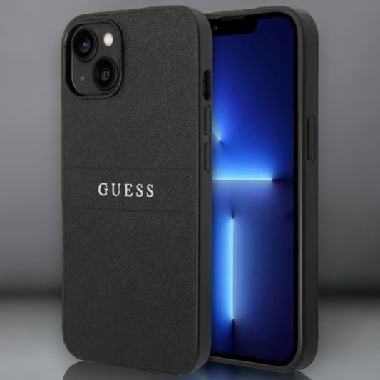 Ovitek Guess "silver black" za iPhone 14 Plus/ 15 Plus (GUHCP14MPSASBBK) – Črna / PC + TPU silikon + Ekološko usnje