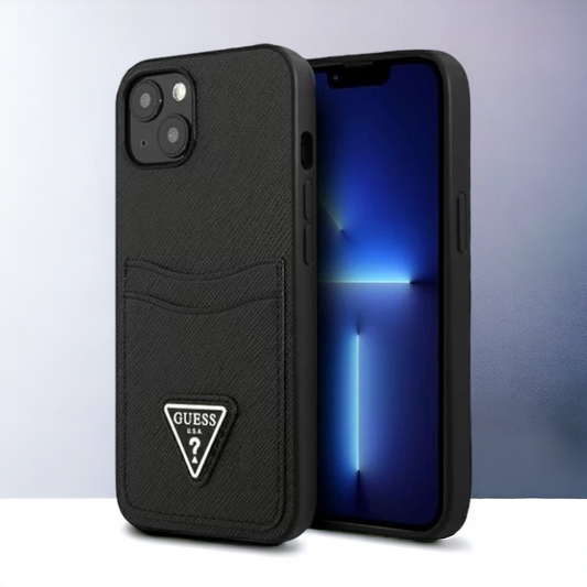 Ovitek Guess "Saffiano Triangle Logo" za iPhone 13 Mini - črna (GUHCP13SPSATPK) – Črna / PC + TPU silikon + Ekološko usn