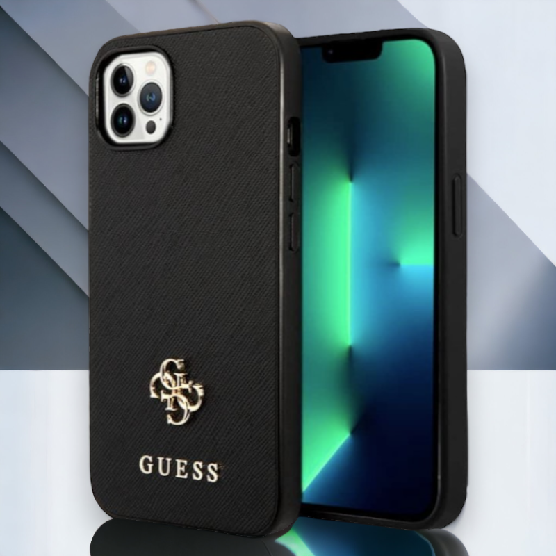 Ovitek Guess "black mini 3D" za iPhone 13 Pro (GUHCP13LPS4MK) – Črna / PC + TPU silikon + Ekološko usnje