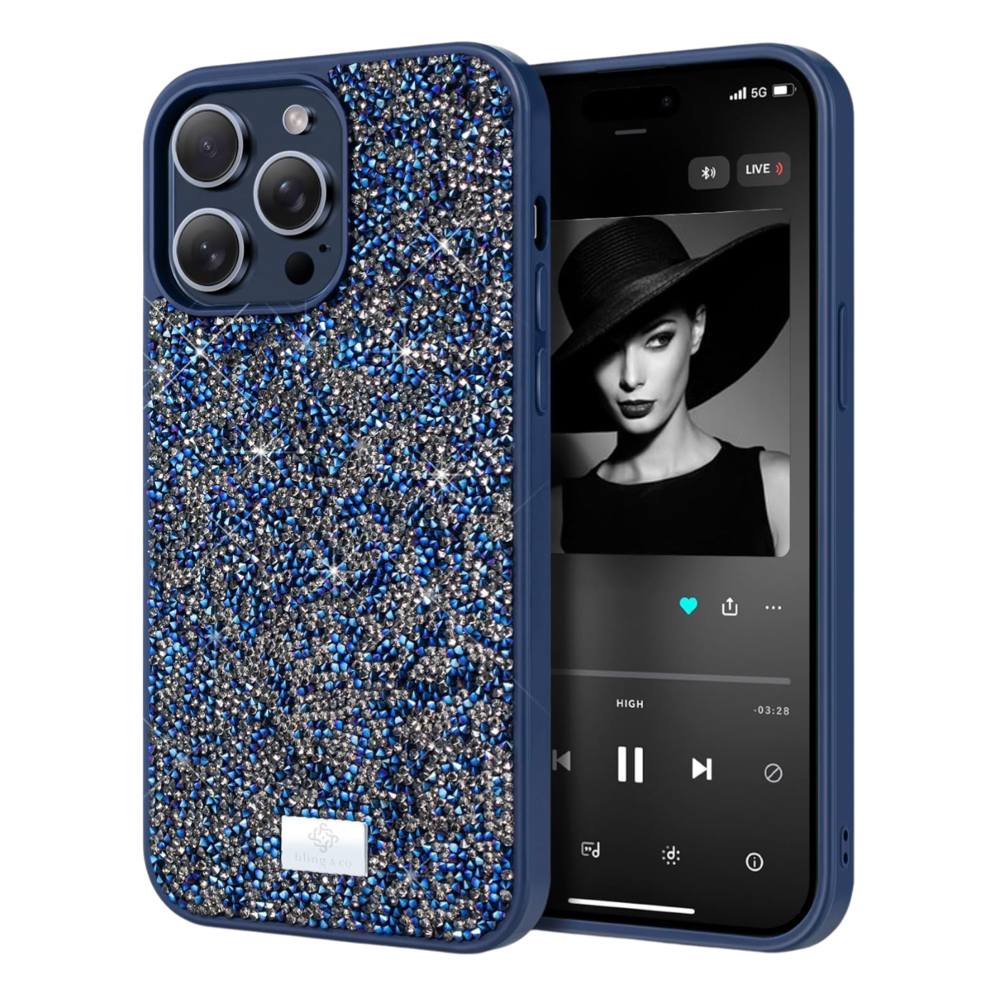 Bleščeč ovitek Bling & Co za iPhone 15 Pro Max moder – zaščitni ovitek z bleščicami

