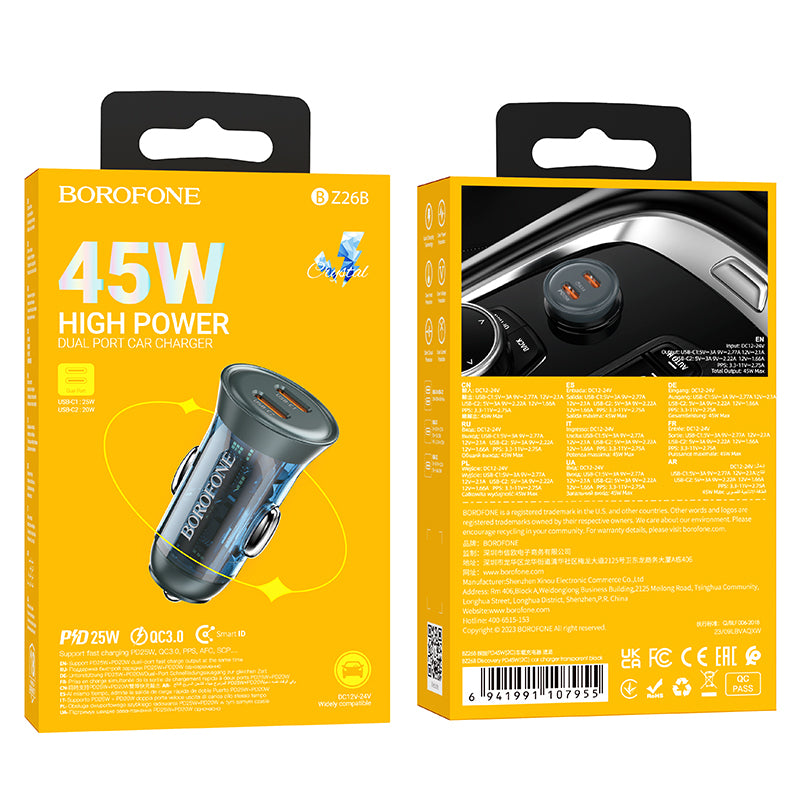 Avto polnilec 2x Type C 45W – Borofone