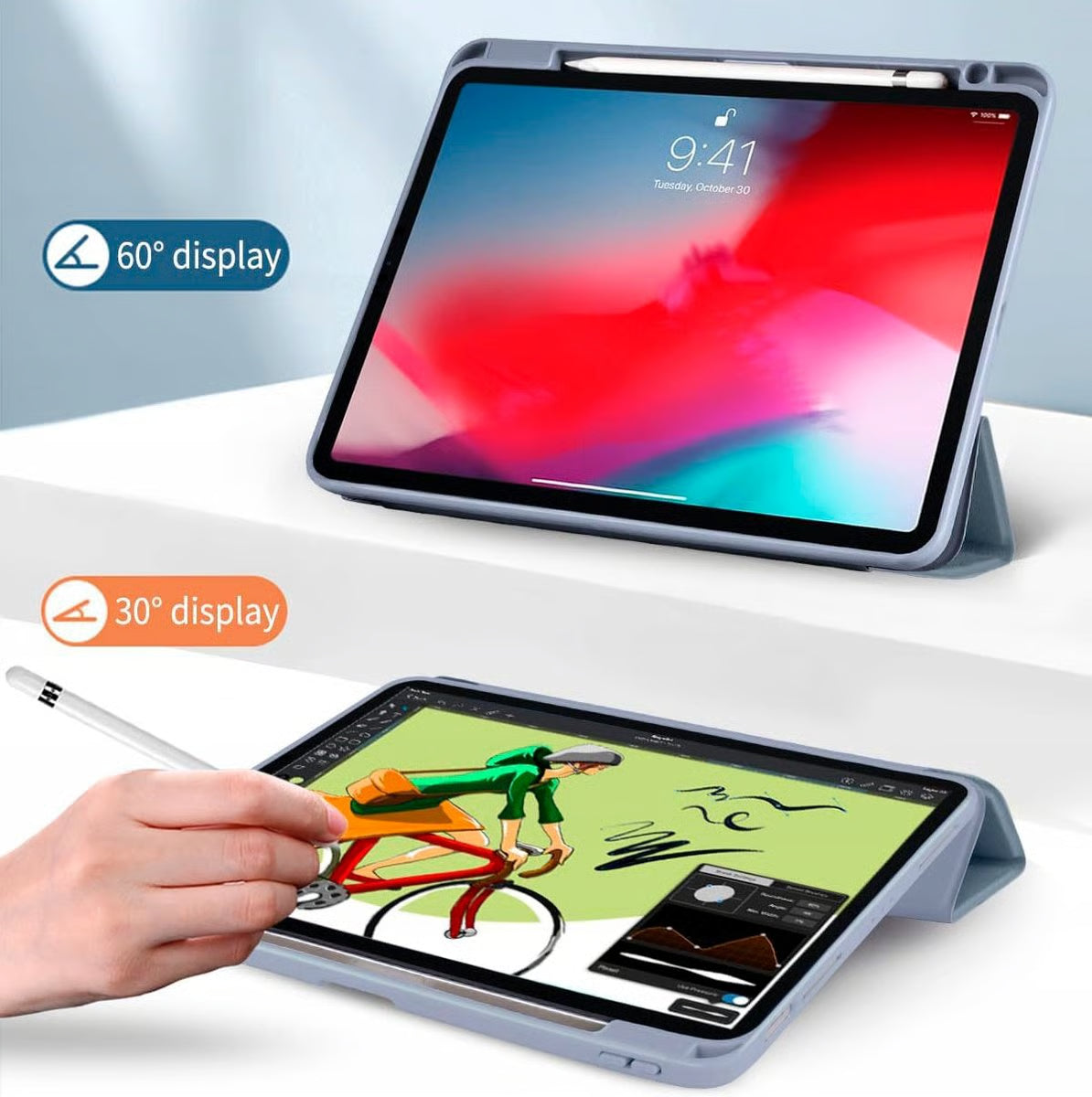 Ovitek za iPad Air 11 M2 2024 / iPad Pro 11 – Prozoren Zadnji Pokrov z Držalom za Pisalo, Sivo-Moder