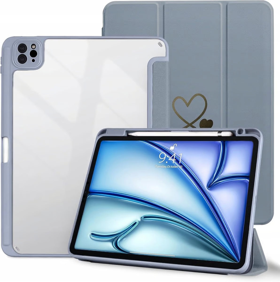 Ovitek za iPad Air 11 M2 2024 / iPad Pro 11 – Prozoren Zadnji Pokrov z Držalom za Pisalo, Sivo-Moder
