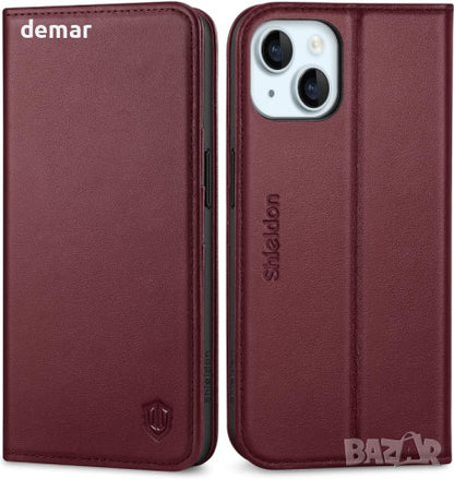SHIELDON Kožna Preklopna Torbica za iPhone 15 – Novčanik RFID + Stalak (Vino Crvena)