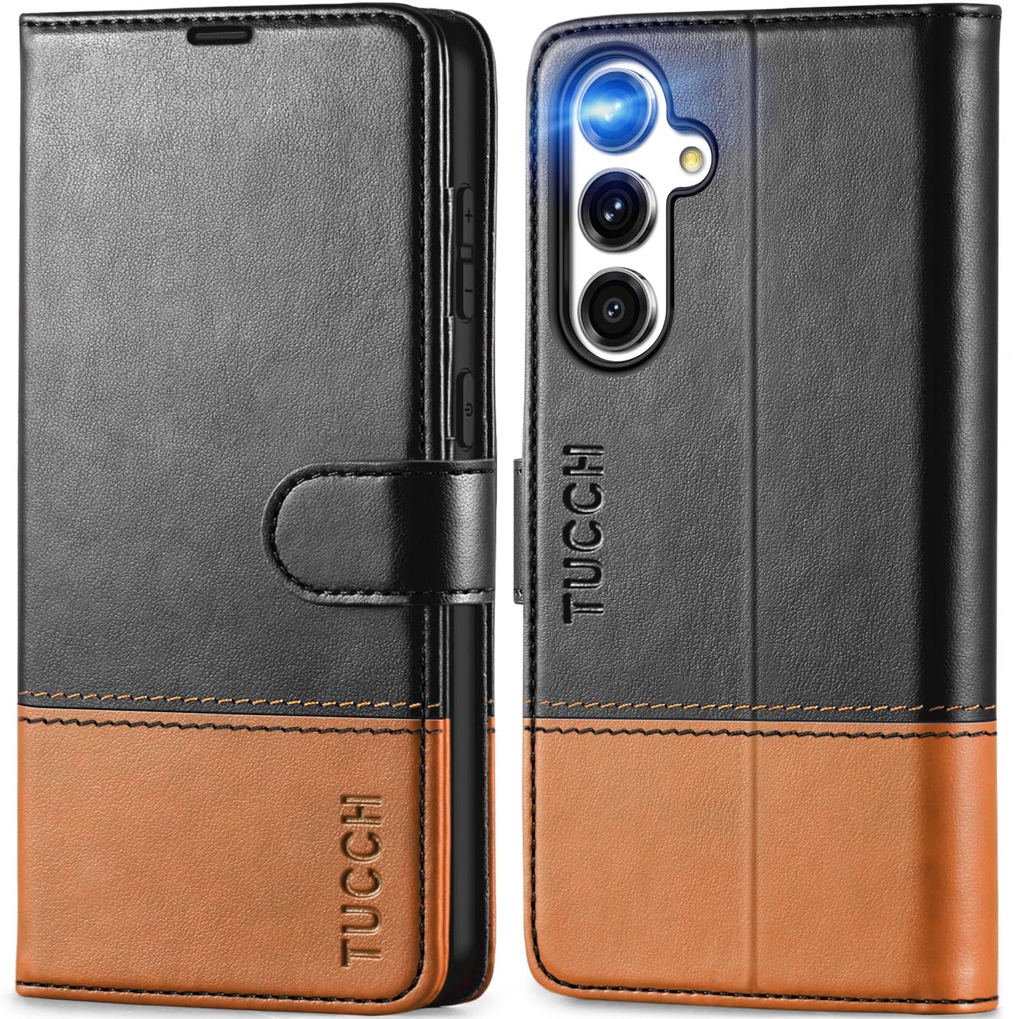 TUCCH usnjena preklopna torbica za Samsung S24 FE črna rjava