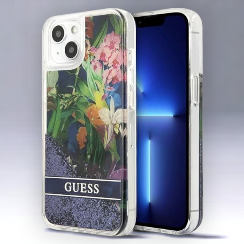 Ovitek Guess "Flower Liquid Glitter" za iPhone 13 Mini (GUHCP13SLFLSB) – Modra / PC + TPU silikon