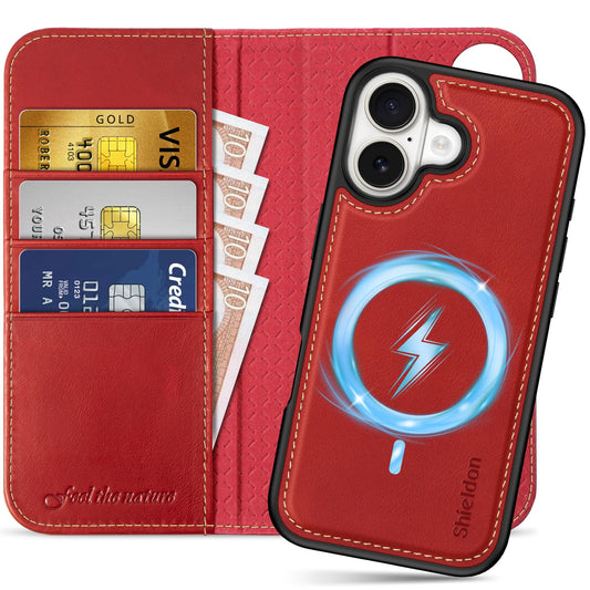 SHIELDON 2-in-1 Odstranljiva Denarnica za iPhone 17 6.3" Retro Rdeča, snemljiv ovitek z denarnico za kartice in učinkovito zaščito telefona