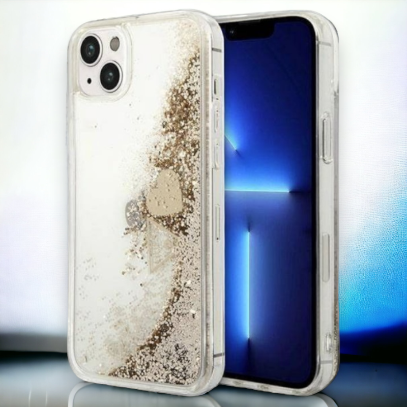 Ovitek Guess "gold glitter" za iPhone 13/14/15 (GUOHCP14SGLHFLGO) – Zlata / PC + TPU silikon